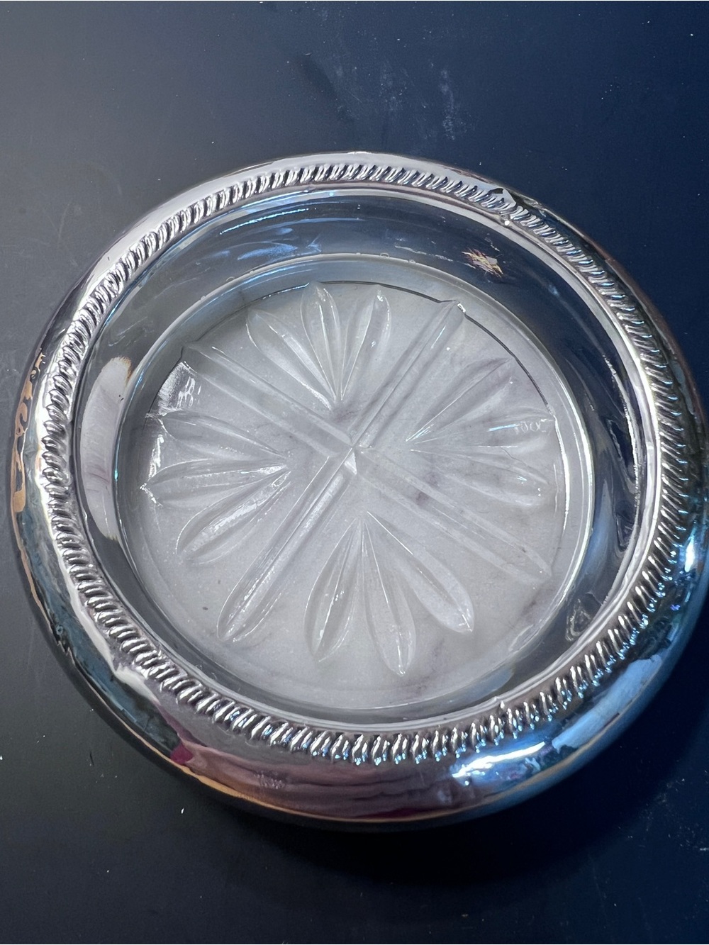 Sterling Silver Rim Glass Decorative Coaster / Small Dish - Clear